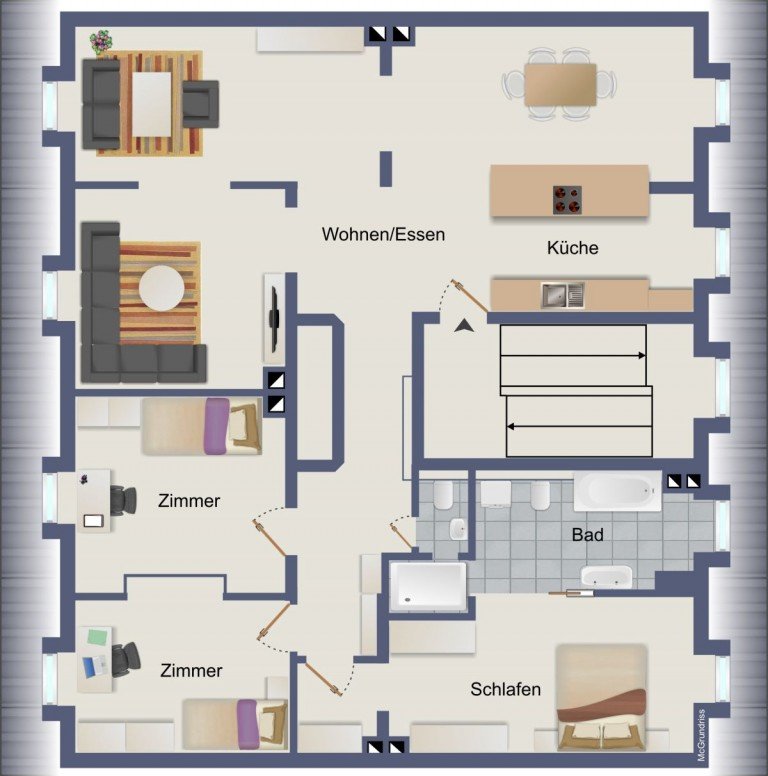 Grundriss Frankfurt am Main Wohnung loftartig gestaltet mit individuellen und sehr offenen Grundriss